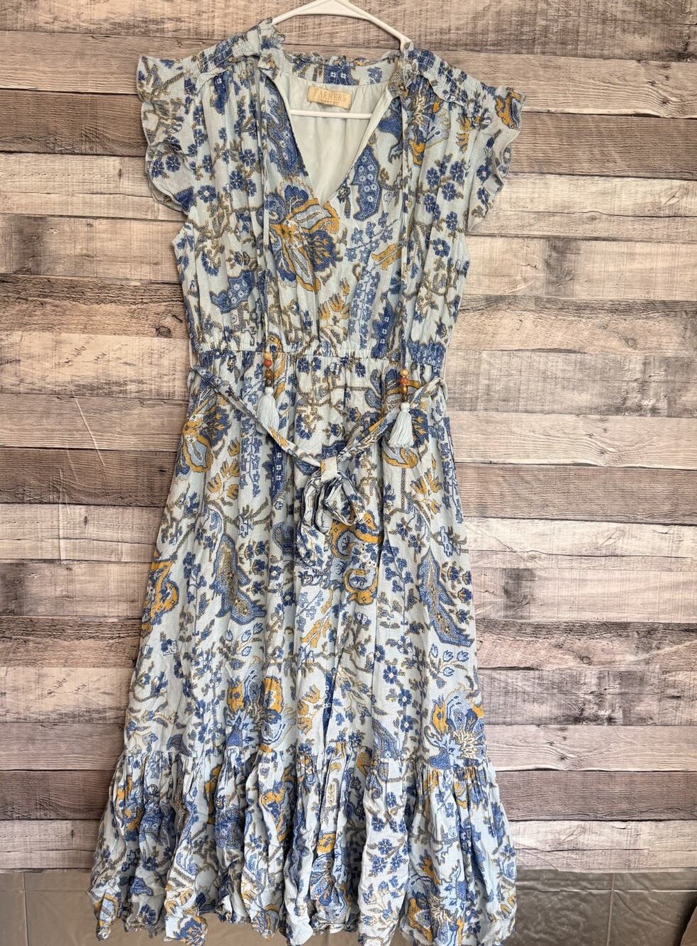 Farmers Market Women’s Blue Floral Smocked Ruffle Hem Boho Cottagecore Dress Sm